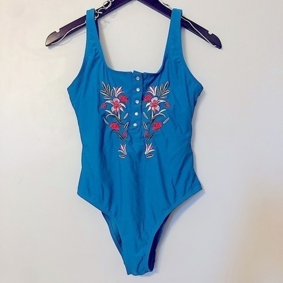 Vigoss NWOT Teal Blue Button Down Embroidered One Piece Bathing Suit Size Medium - Picture 3 of 13